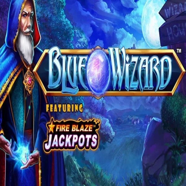 Blue Wizard Fire Blaze Jackpots logo by Rarestone Gaming at Rocket Riches Casino
